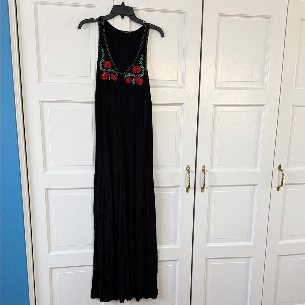 Black Maxi Dress with Red Floral Embroidery